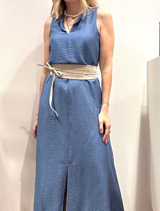 Abito lungo misto viscosa lino spacco centrale denim (2)