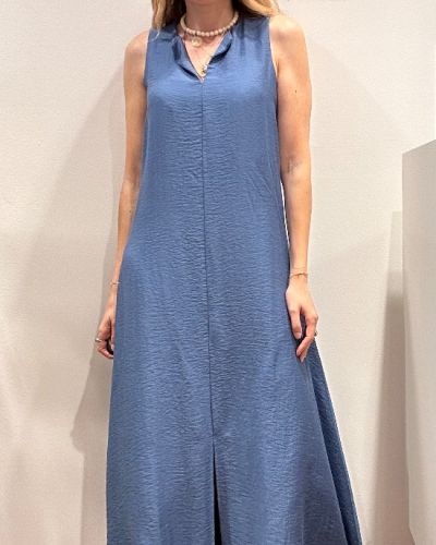 Abito lungo misto viscosa lino spacco centrale denim