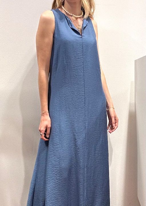 Abito lungo misto viscosa lino spacco centrale denim (6)