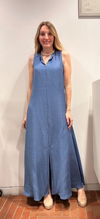 Abito lungo misto viscosa lino spacco centrale denim