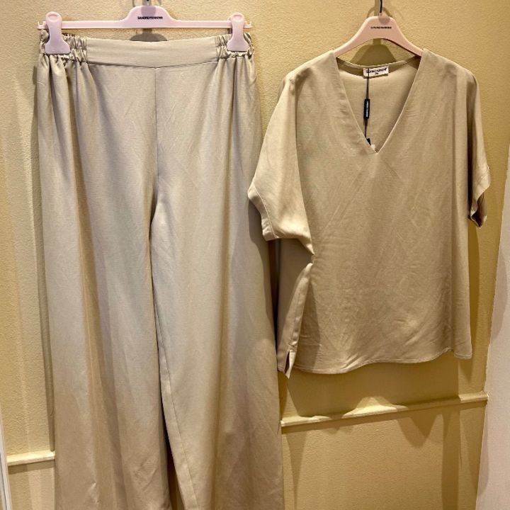 Blusa lino e viscosa scollo V beige (3)