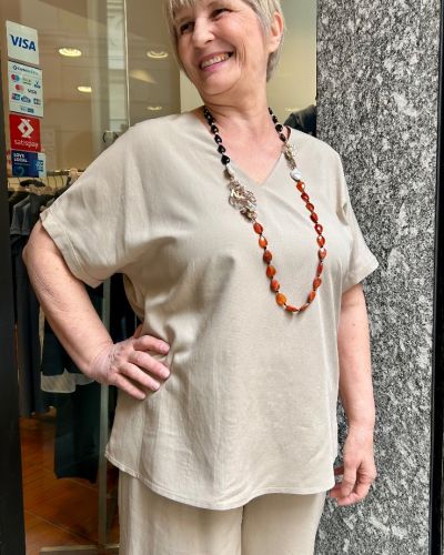 Blusa lino e viscosa scollo V beige