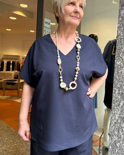 Blusa lino e viscosa scollo V blu
