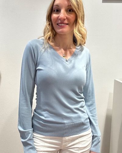 Maglia in viscosa scollo V manica lunga azzurra 