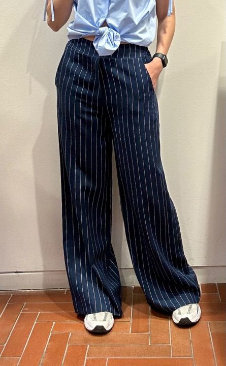 Pantalone gessato blu lino e viscosa 