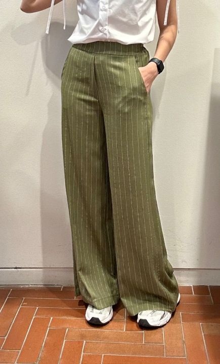 Pantalone gessato verdone lino e cotone 